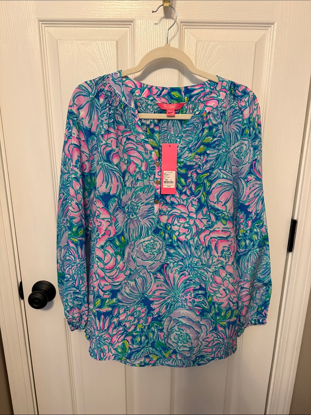 Lilly Pulitzer Women's Floral Print V-Neck Tunic Top - Pink & Blue